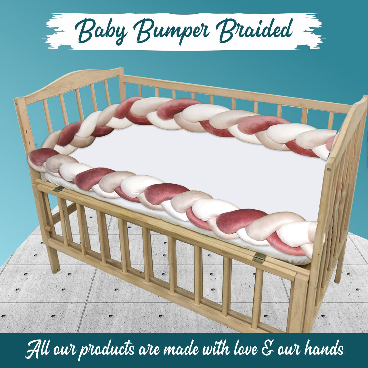 Braided Crib Bumper 220 cms, Knot cushion for baby bedding. Safe cot bumper for newborn. Color braided bumper. Crib Bumper, Decorative Pillow, Crib Bedding, Bumper Pad, Baby Bedding, (Cream & Gold)