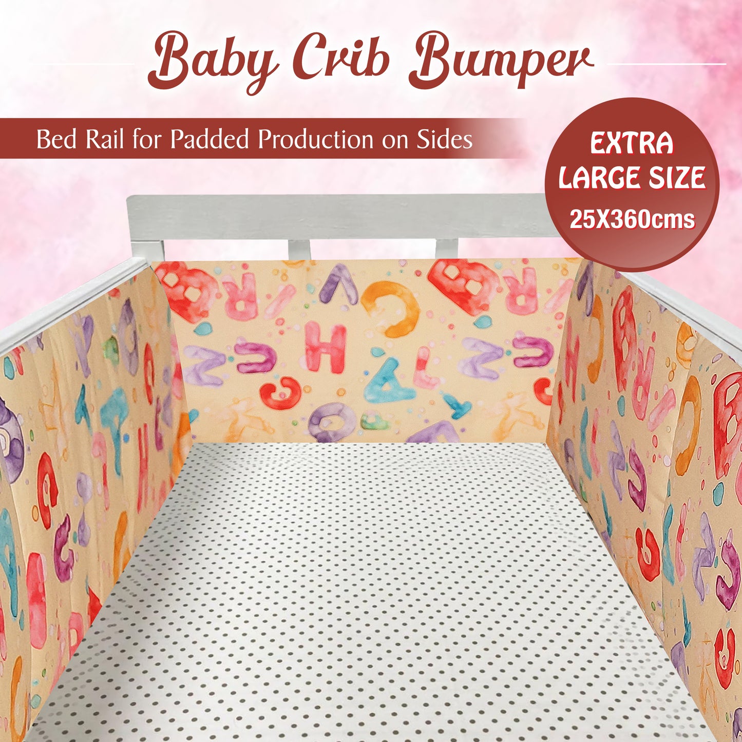 Baby Bed Bumper Alphabet | Crib Bumper | Bed Rail for Padded Protection on Sides. Breathable & Hypoallergenic– 25 x 360 cms (11.8 Ft length)