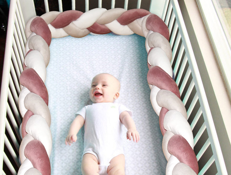 Braided Crib Bumper 220 cms, Knot cushion for baby bedding. Safe cot bumper for newborn. Color braided bumper. Crib Bumper, Decorative Pillow, Crib Bedding, Bumper Pad, Baby Bedding, (Cream & Gold)