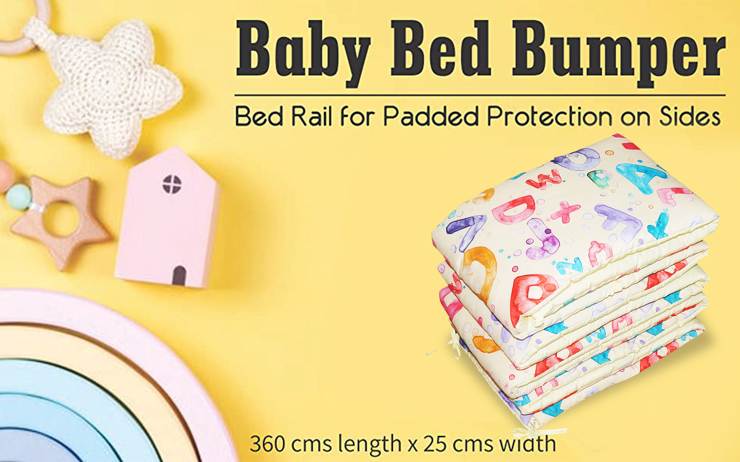 Baby Bed Bumper Alphabet | Crib Bumper | Bed Rail for Padded Protection on Sides. Breathable & Hypoallergenic– 25 x 360 cms (11.8 Ft length)