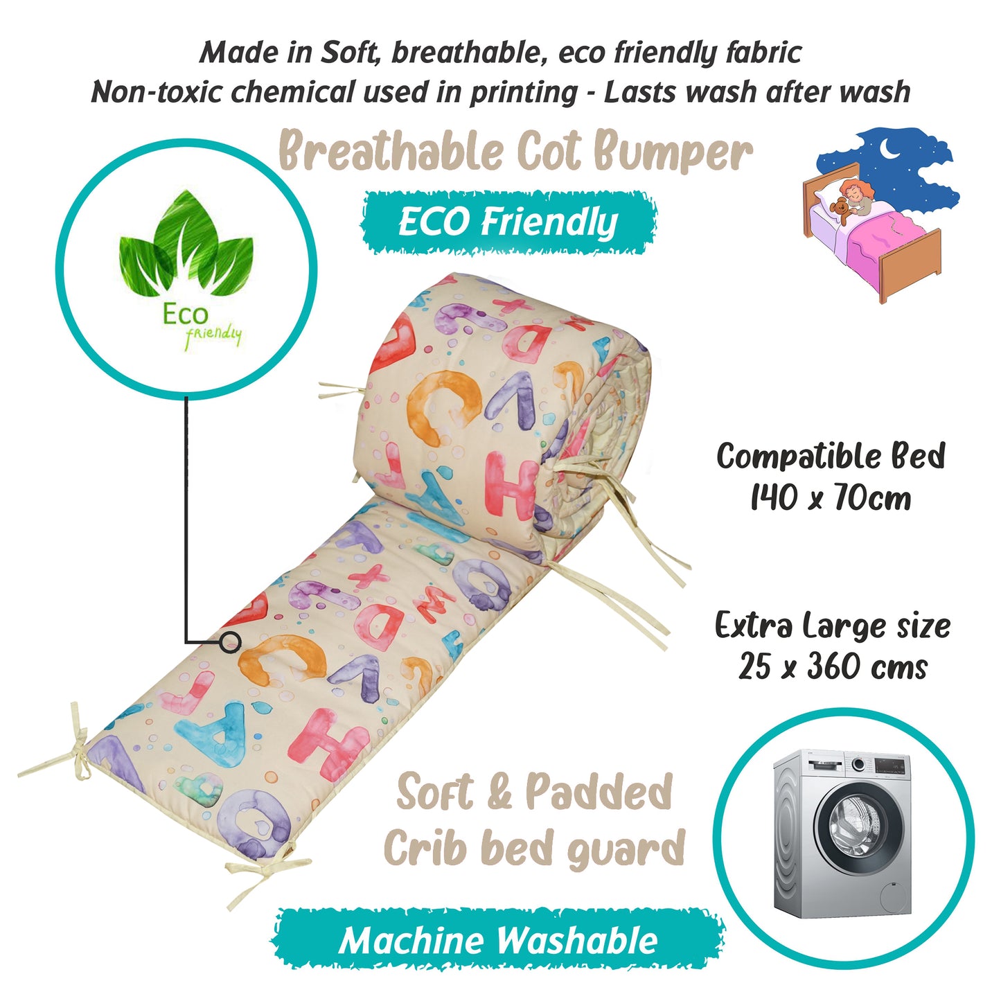 Baby Bed Bumper Alphabet | Crib Bumper | Bed Rail for Padded Protection on Sides. Breathable & Hypoallergenic– 25 x 360 cms (11.8 Ft length)