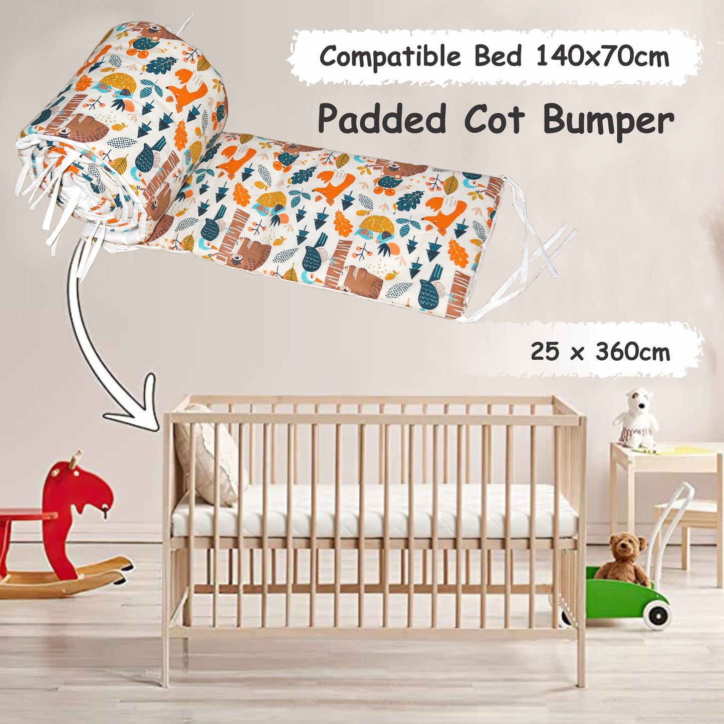 Baby Bed Bumper Pandora | Crib Bumper | Bed Rail for Padded Protection on Sides. Breathable & Hypoallergenic– 25 x 360 cms (11.8 Ft length)