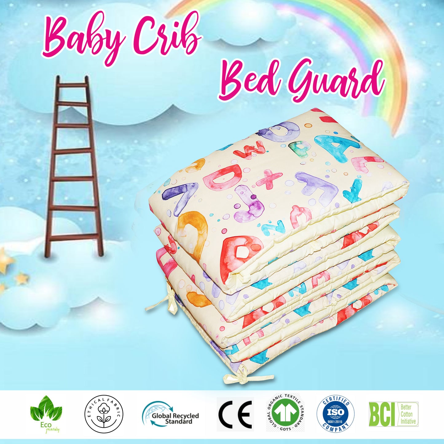 Baby Bed Bumper Alphabet | Crib Bumper | Bed Rail for Padded Protection on Sides. Breathable & Hypoallergenic– 25 x 360 cms (11.8 Ft length)