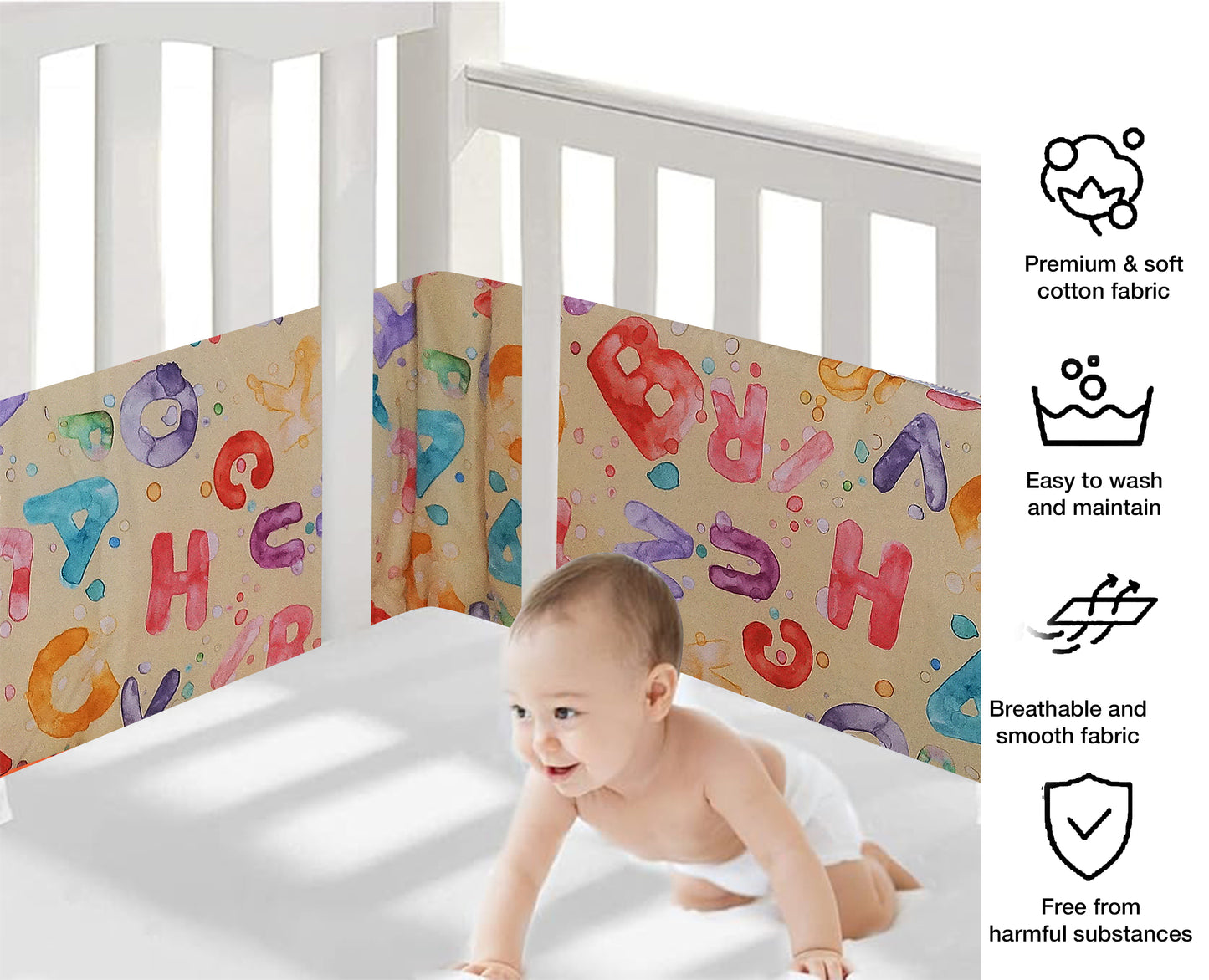 Baby Bed Bumper Alphabet | Crib Bumper | Bed Rail for Padded Protection on Sides. Breathable & Hypoallergenic– 25 x 360 cms (11.8 Ft length)