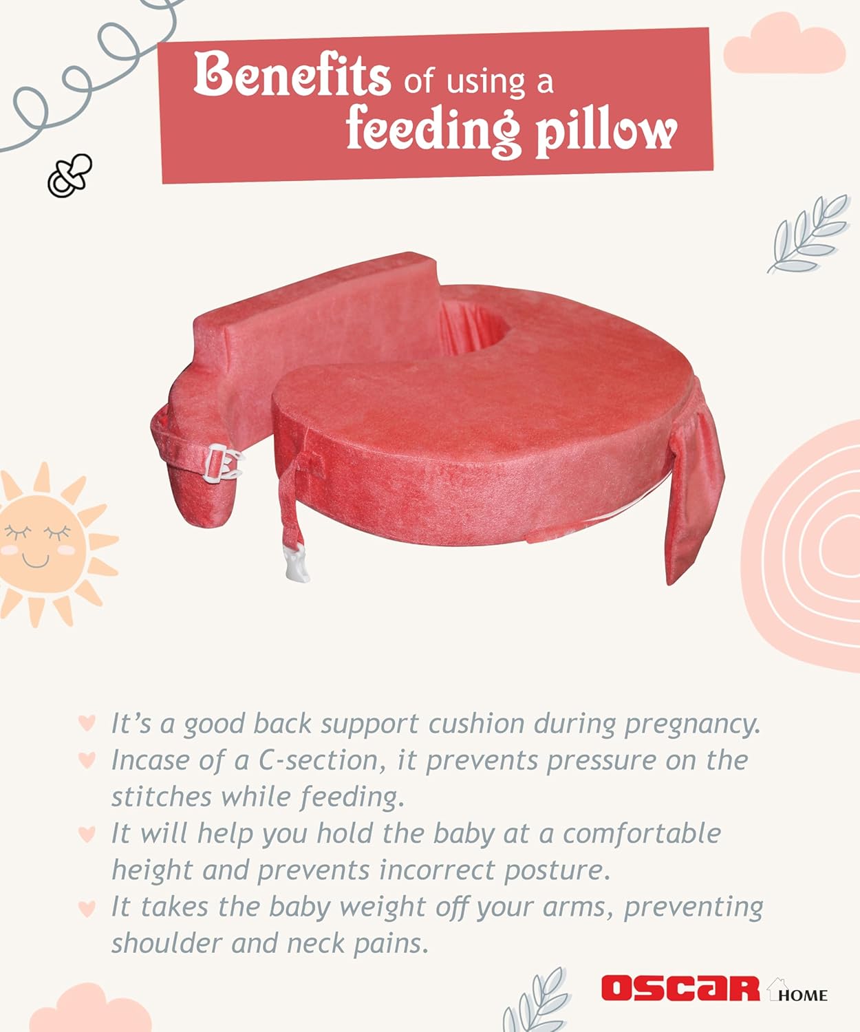 Nursing Pillow for Breastfeeding, Nursing and Posture Support with Pocket and Removable Slipcover - Peach