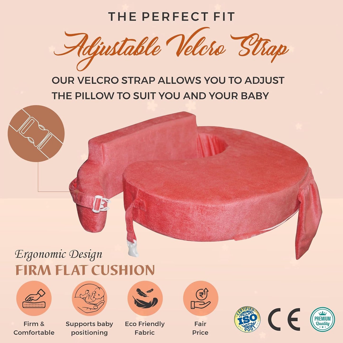 Nursing Pillow for Breastfeeding, Nursing and Posture Support with Pocket and Removable Slipcover - Peach