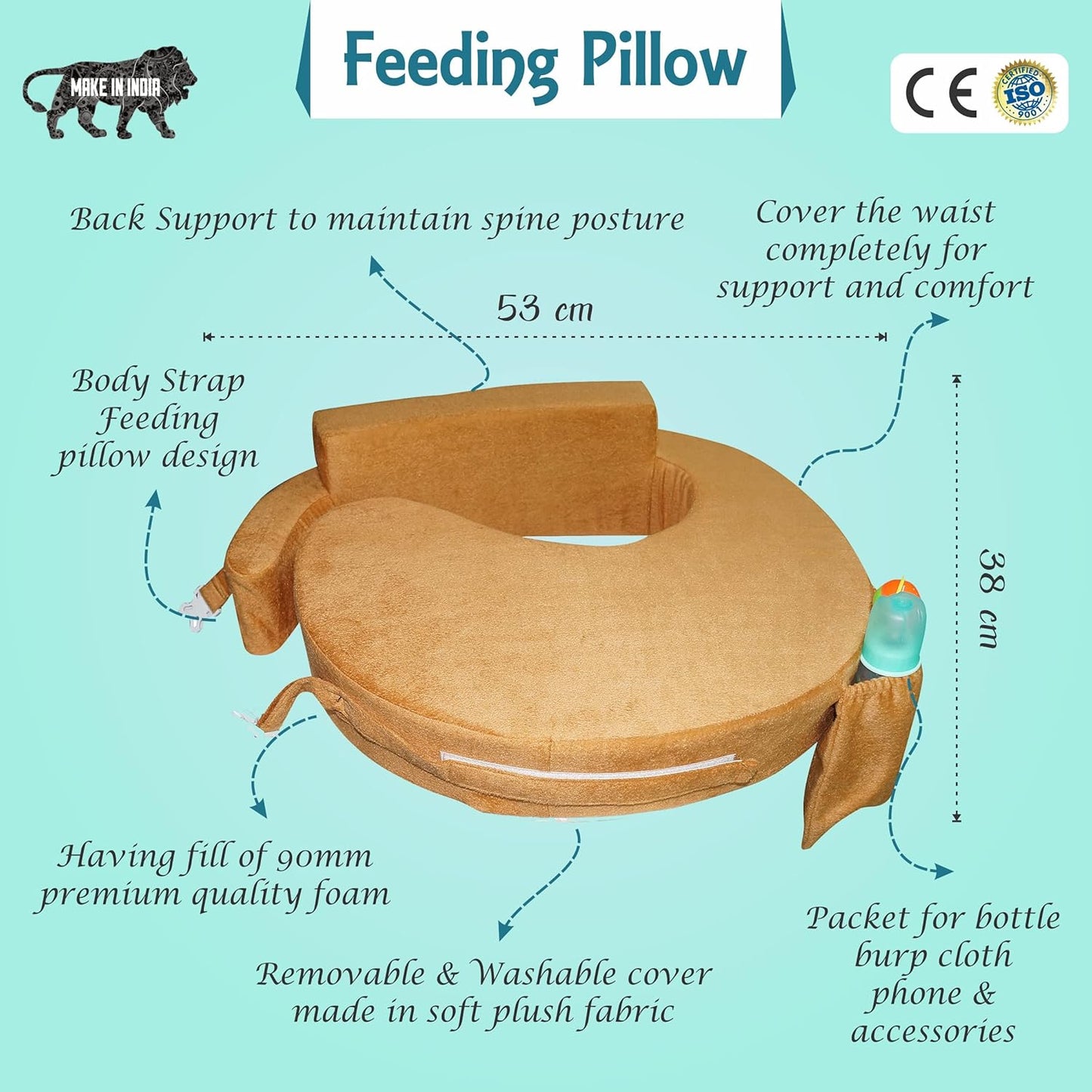 Nursing Pillow for Breastfeeding, Nursing and Posture Support with Pocket and Removable Slipcover - Gold
