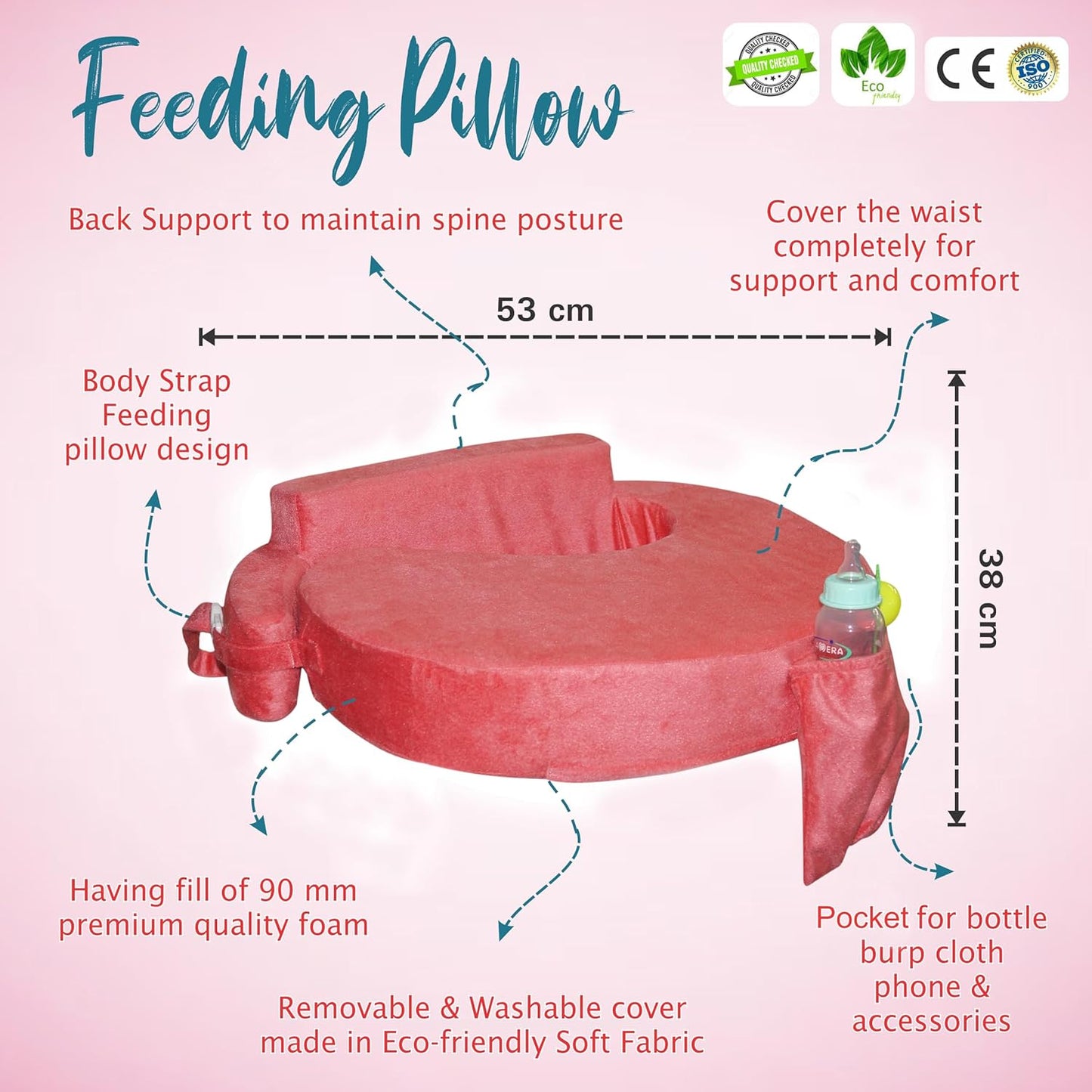 Nursing Pillow for Breastfeeding, Nursing and Posture Support with Pocket and Removable Slipcover - Peach