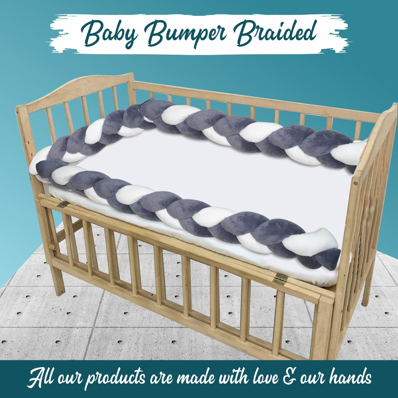 Braided Crib Bumper 220 cms, Knot cushion for baby bedding. Safe cot bumper for newborn. Color braided bumper. Crib Bumper, Decorative Pillow, Crib Bedding, Bumper Pad, Baby Bedding, (White & Charcoal)