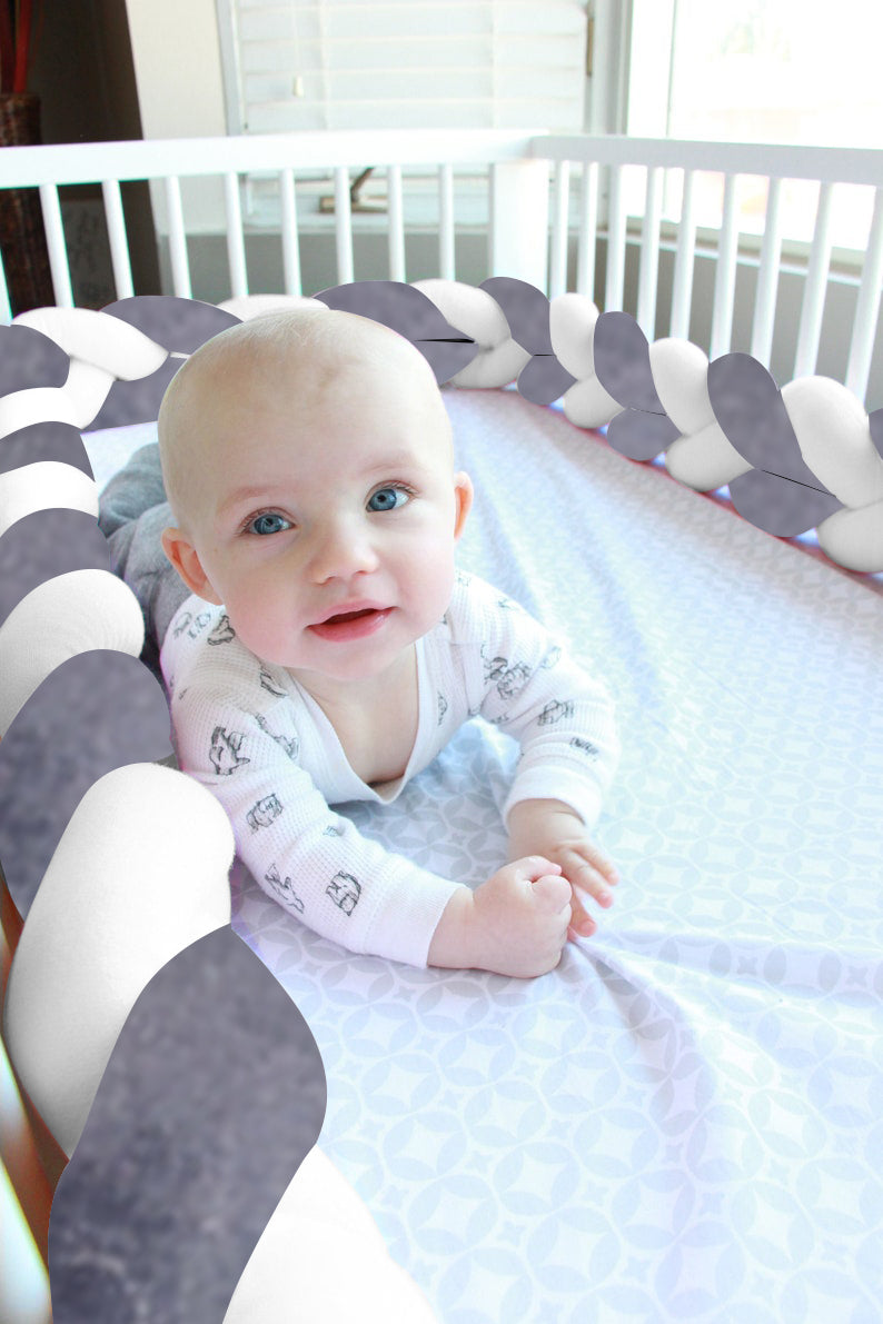 Braided Crib Bumper 220 cms, Knot cushion for baby bedding. Safe cot bumper for newborn. Color braided bumper. Crib Bumper, Decorative Pillow, Crib Bedding, Bumper Pad, Baby Bedding, (White & Charcoal)