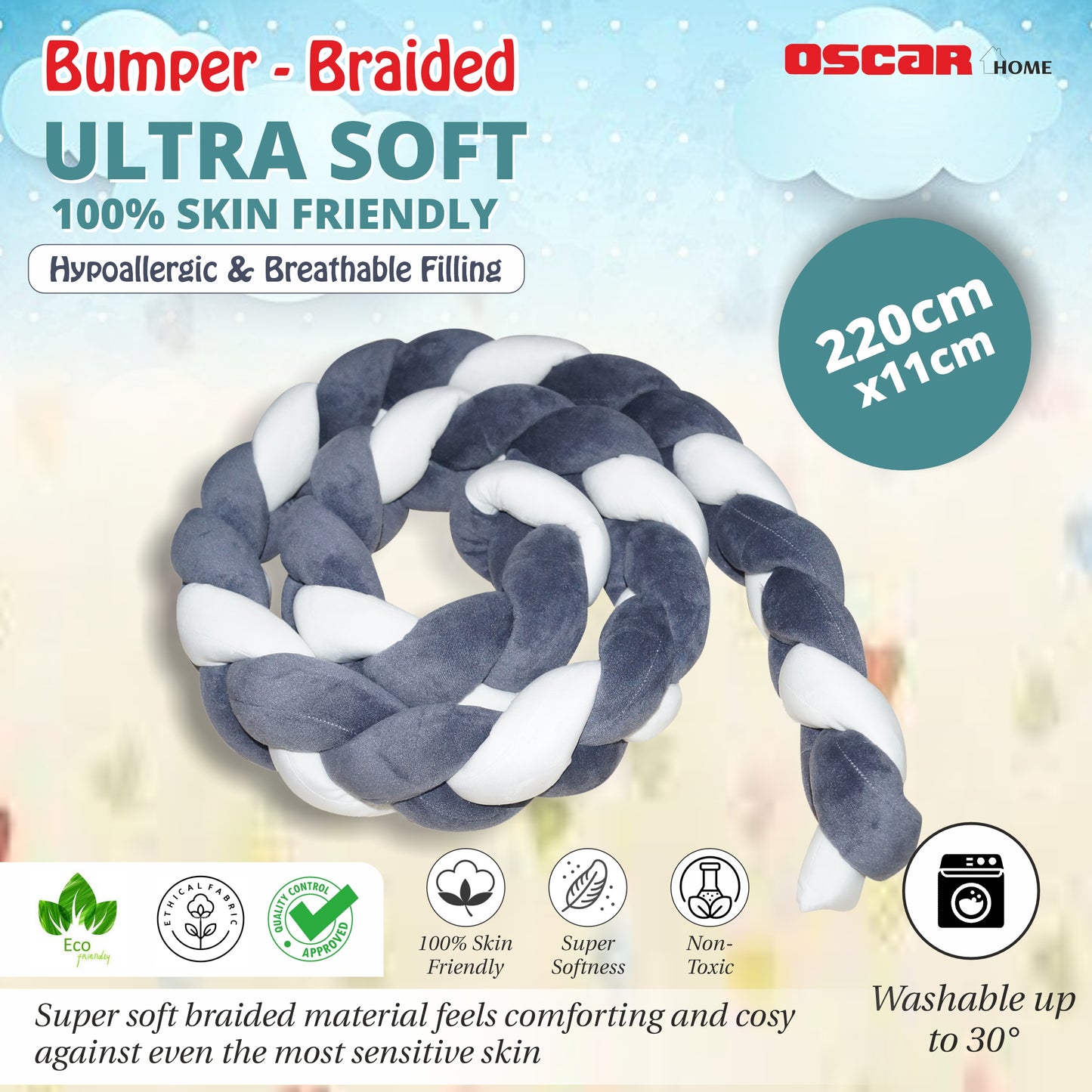 Braided Crib Bumper 220 cms, Knot cushion for baby bedding. Safe cot bumper for newborn. Color braided bumper. Crib Bumper, Decorative Pillow, Crib Bedding, Bumper Pad, Baby Bedding, (White & Charcoal)