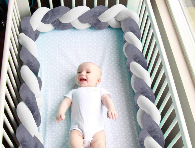 Braided Crib Bumper 220 cms, Knot cushion for baby bedding. Safe cot bumper for newborn. Color braided bumper. Crib Bumper, Decorative Pillow, Crib Bedding, Bumper Pad, Baby Bedding, (White & Charcoal)