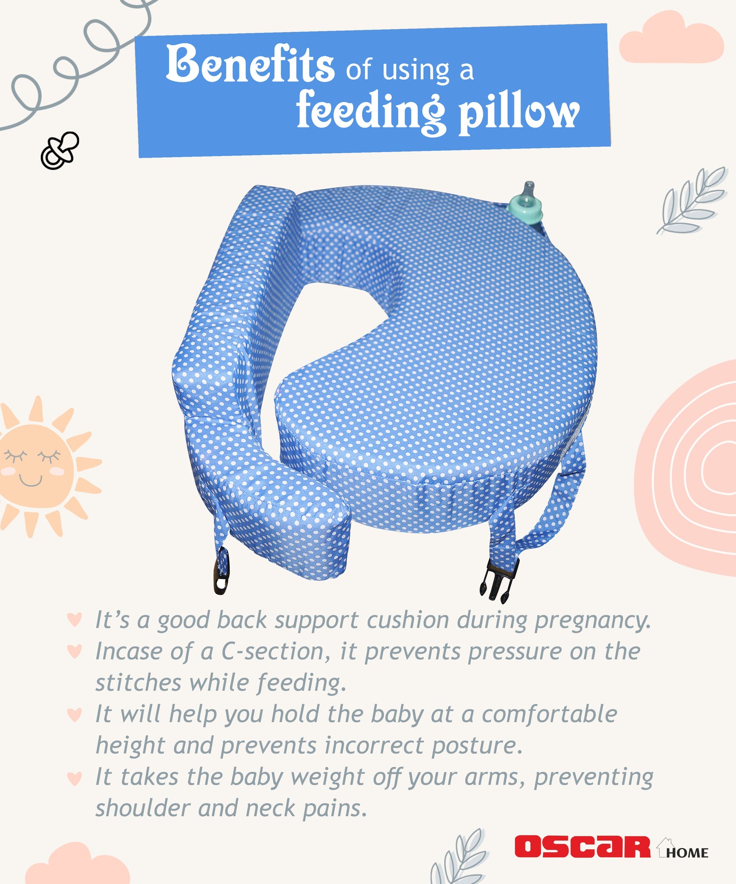 Nursing Pillow for Breastfeeding, Nursing and Posture Support with Pocket and Removable Slipcover - Blue Polka