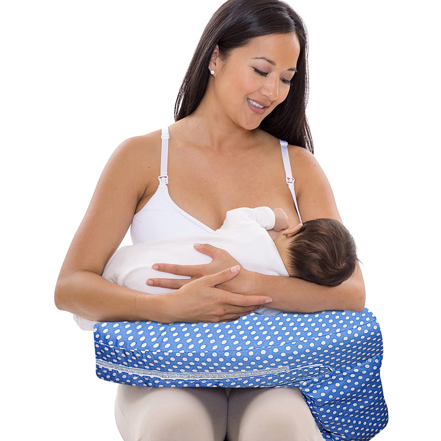Nursing Pillow for Breastfeeding, Nursing and Posture Support with Pocket and Removable Slipcover - Blue Polka