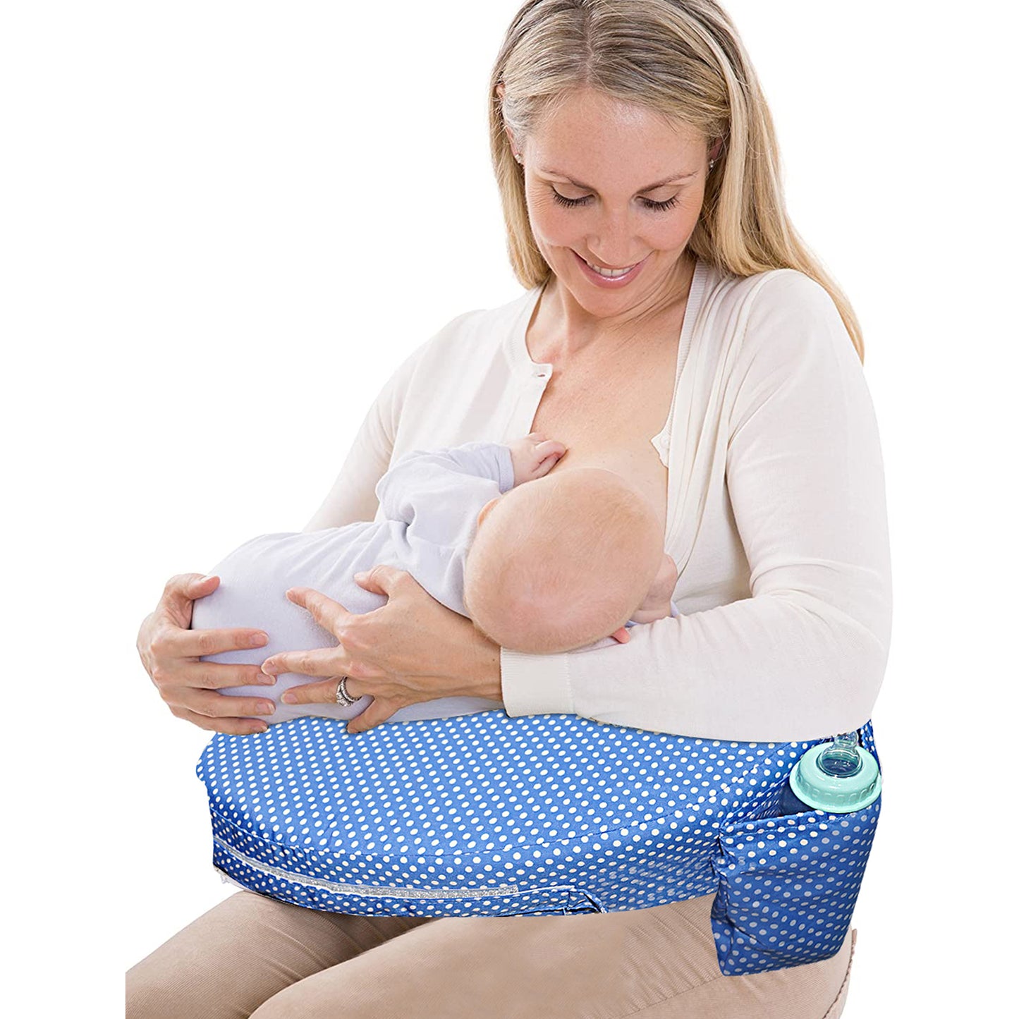 Nursing Pillow for Breastfeeding, Nursing and Posture Support with Pocket and Removable Slipcover - Blue Polka