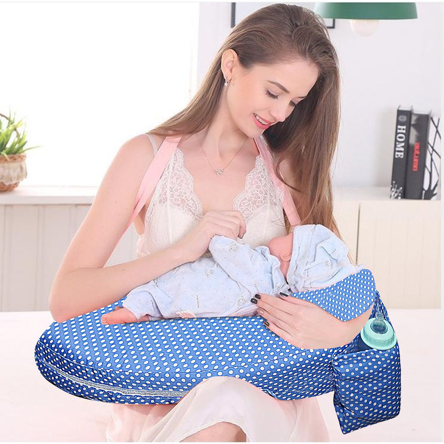 Nursing Pillow for Breastfeeding, Nursing and Posture Support with Pocket and Removable Slipcover - Blue Polka