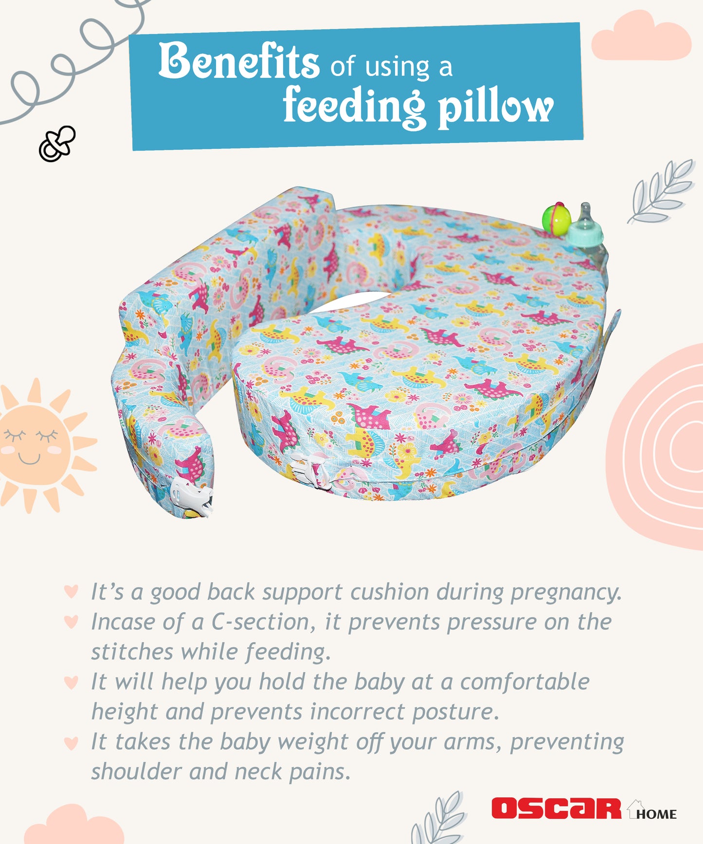 Nursing Pillow for Breastfeeding, Nursing and Posture Support with Pocket and Removable Slipcover - Dino