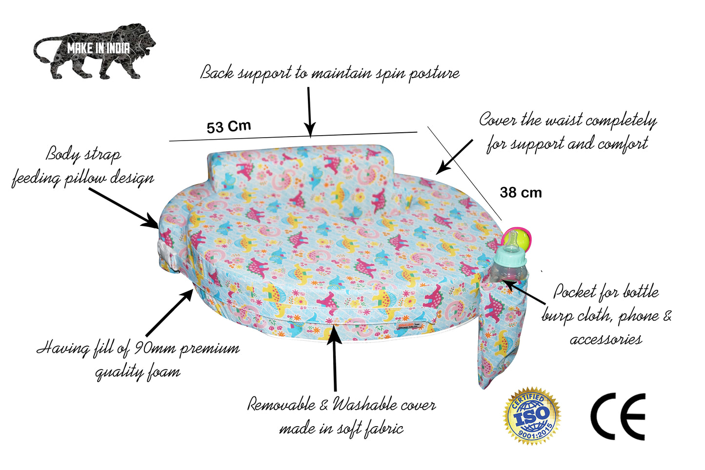 Nursing Pillow for Breastfeeding, Nursing and Posture Support with Pocket and Removable Slipcover - Dino