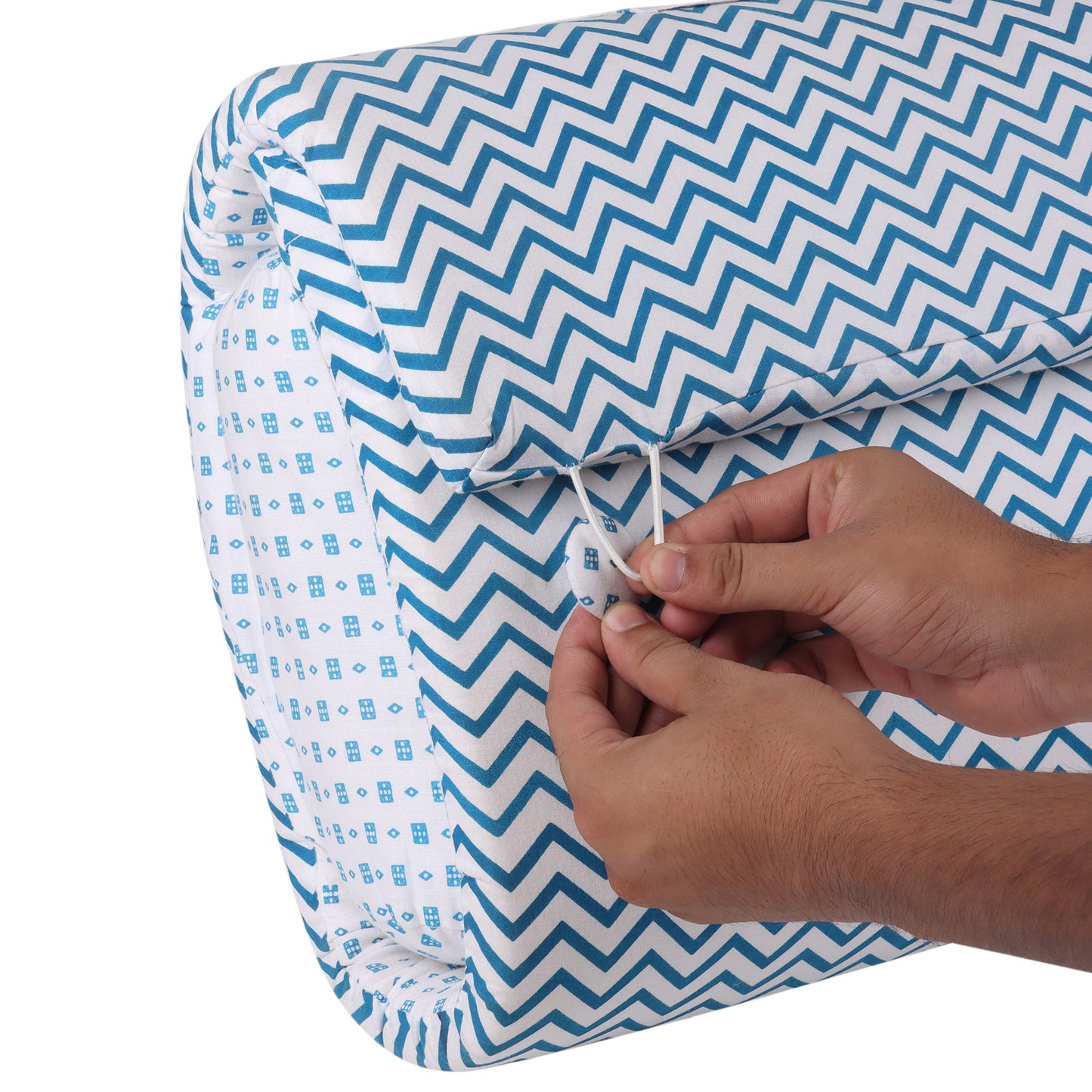 Cotton Bed in A Bag /Portable Baby Bed with pillow, Travel Bedding Set, Travel Friendly Infant Sleeping Bedding Set, Baby Sleeping Nest. Sleeping Bag for Kids Style Chevron Blue
