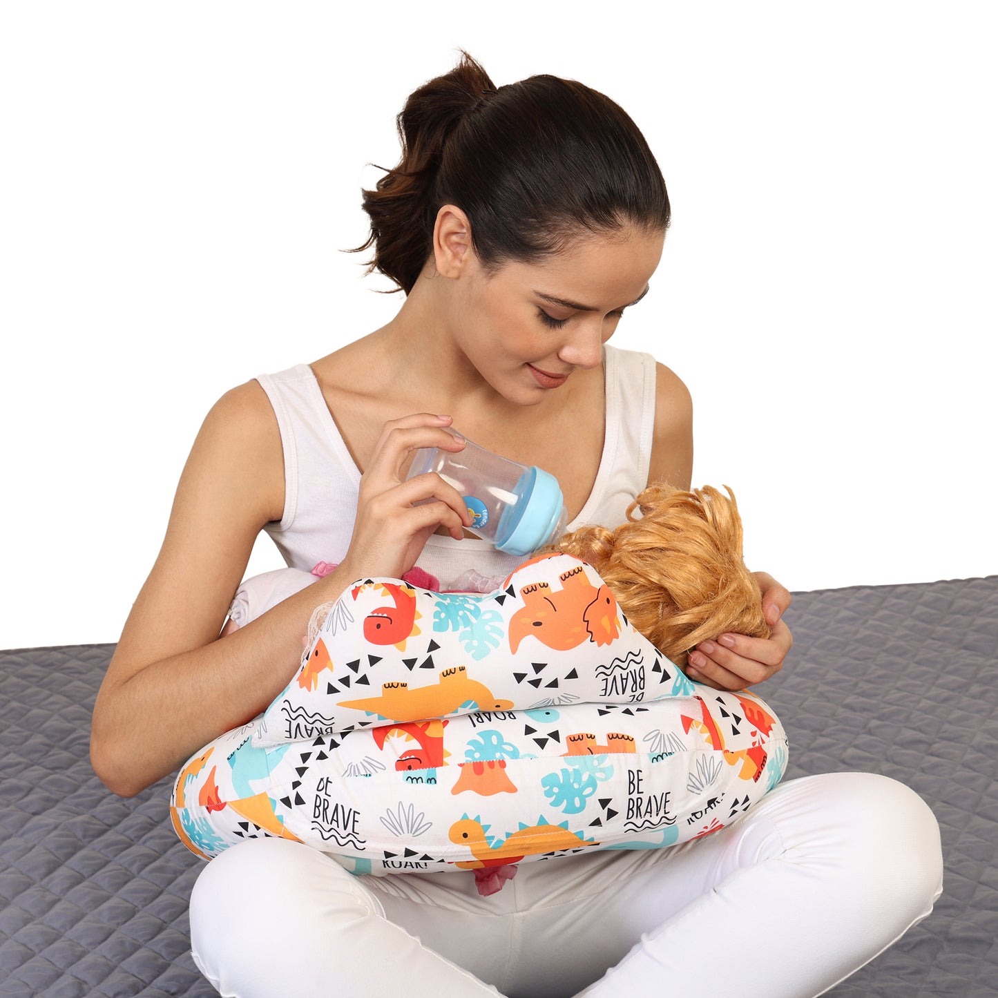 Nursing Pillow for Breastfeeding Baby, Multifunctional Breast Feeding Pillow with Adjustable Waist Strap and Safety Fence, Cotton Removable Pillowcase Design - Roar