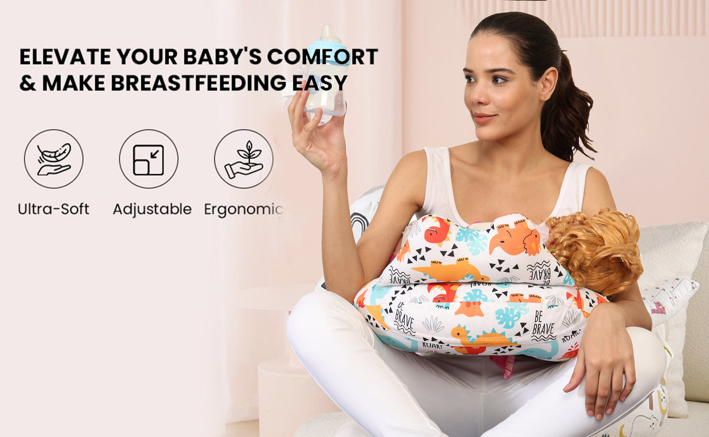 Nursing Pillow for Breastfeeding Baby, Multifunctional Breast Feeding Pillow with Adjustable Waist Strap and Safety Fence, Cotton Removable Pillowcase Design - Roar