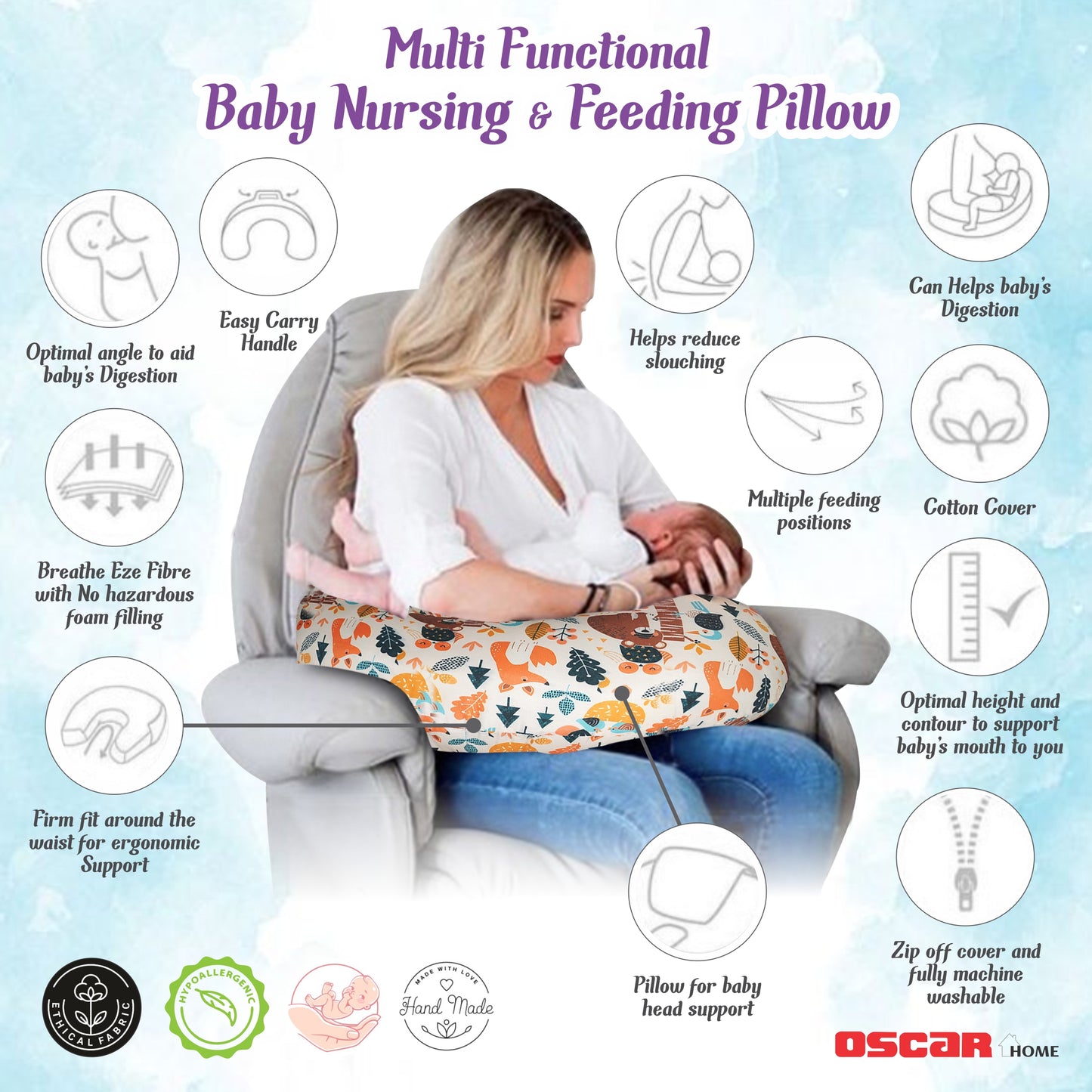 Nursing Pillow for Breastfeeding Baby, Multifunctional Breast Feeding Pillow with header, Cotton Removable Pillowcase, Style Pandora
