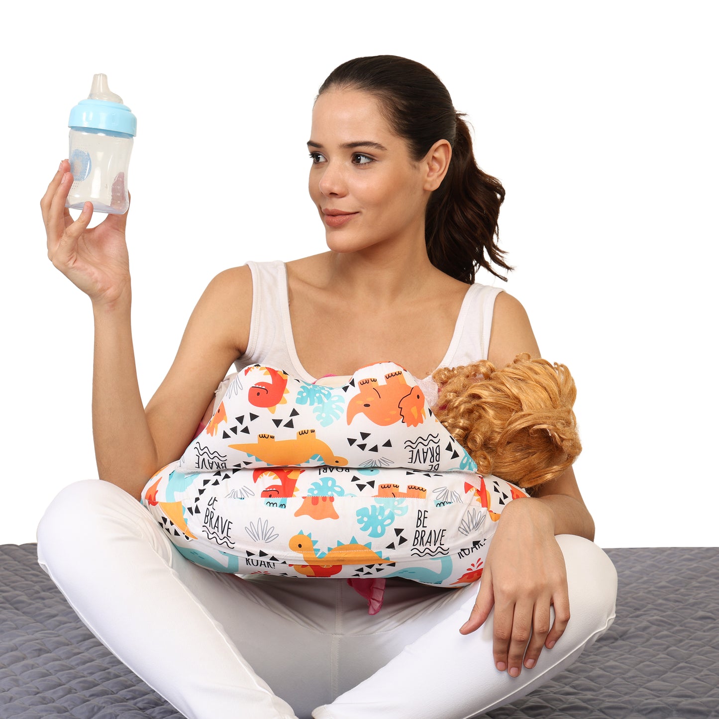 Nursing Pillow for Breastfeeding Baby, Multifunctional Breast Feeding Pillow with Adjustable Waist Strap and Safety Fence, Cotton Removable Pillowcase Design - Roar
