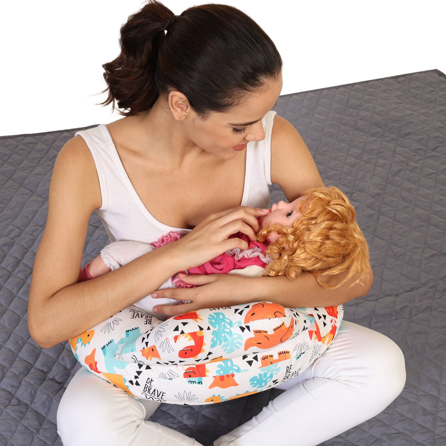 Nursing Pillow for Breastfeeding Baby, Multifunctional Breast Feeding Pillow with Adjustable Waist Strap and Safety Fence, Cotton Removable Pillowcase Design - Roar