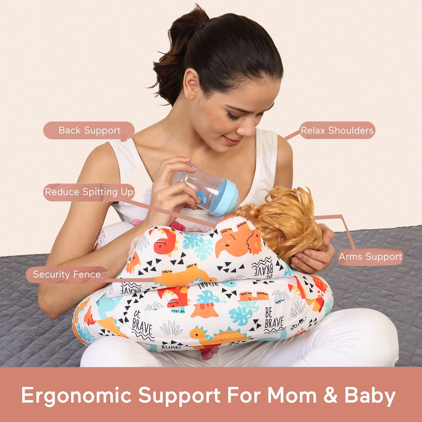 Nursing Pillow for Breastfeeding Baby, Multifunctional Breast Feeding Pillow with Adjustable Waist Strap and Safety Fence, Cotton Removable Pillowcase Design - Roar