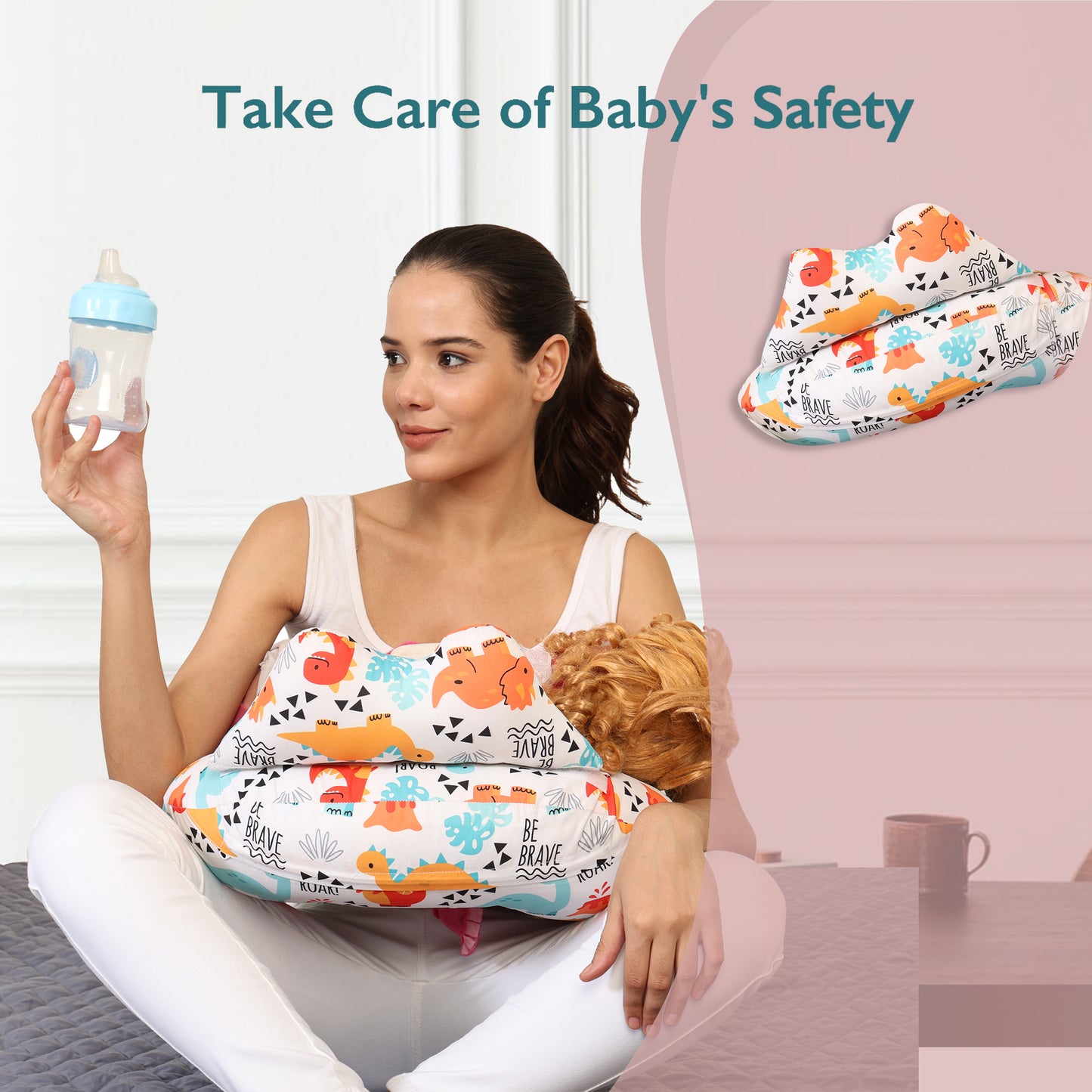 Nursing Pillow for Breastfeeding Baby, Multifunctional Breast Feeding Pillow with Adjustable Waist Strap and Safety Fence, Cotton Removable Pillowcase Design - Roar