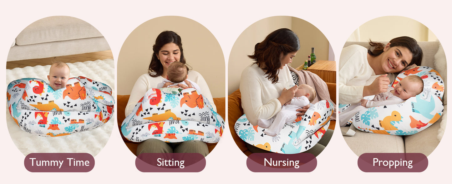 Nursing Pillow for Breastfeeding Baby, Multifunctional Breast Feeding Pillow with Adjustable Waist Strap and Safety Fence, Cotton Removable Pillowcase Design - Roar
