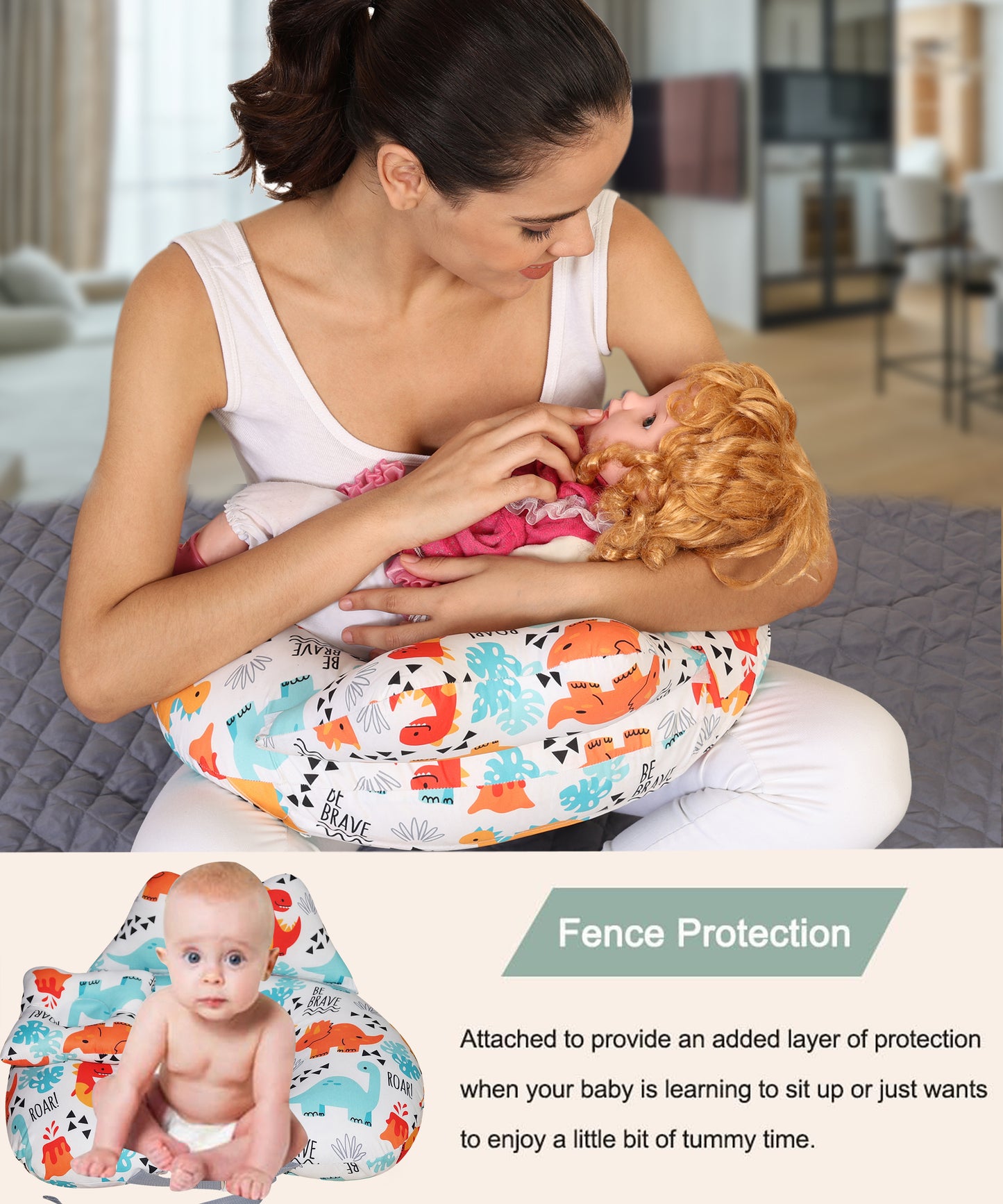 Nursing Pillow for Breastfeeding Baby, Multifunctional Breast Feeding Pillow with Adjustable Waist Strap and Safety Fence, Cotton Removable Pillowcase Design - Roar