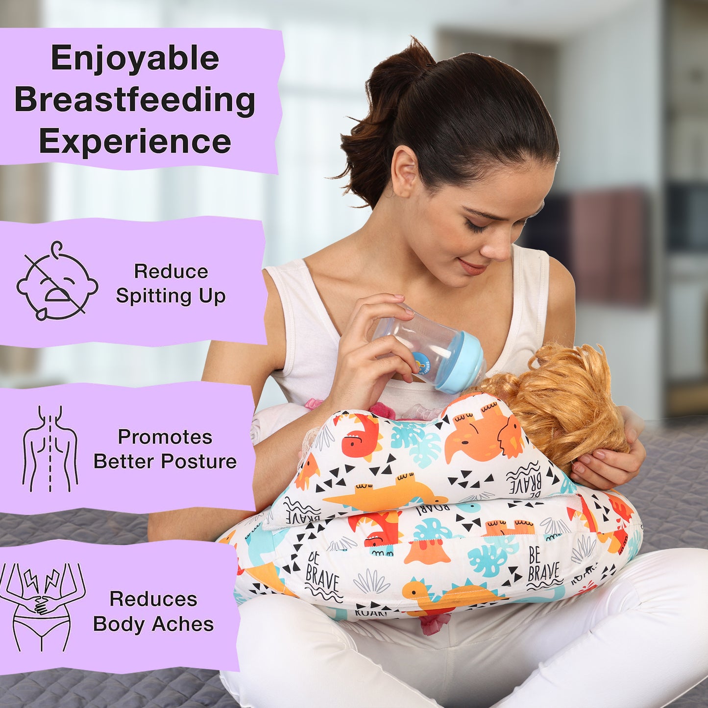 Nursing Pillow for Breastfeeding Baby, Multifunctional Breast Feeding Pillow with Adjustable Waist Strap and Safety Fence, Cotton Removable Pillowcase Design - Roar