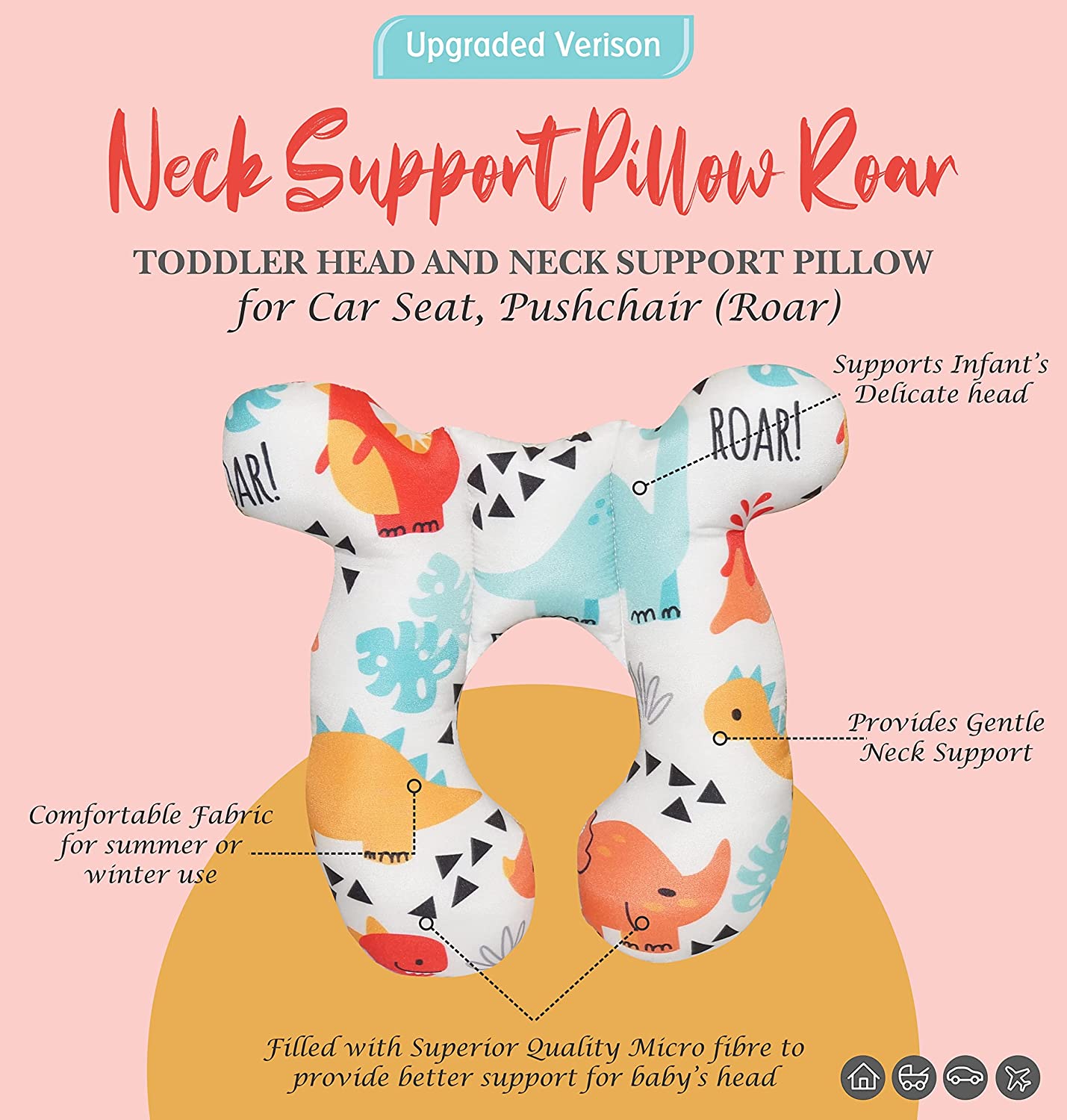 Baby Neck Pillows, Comfortable Baby Travel Head Neck Support Pillow for Car Seat Stroller Pushchair, Soft PP Cotton Travel Pillow for 0-1 Year Old Toddler Infant Newborn Style Roar