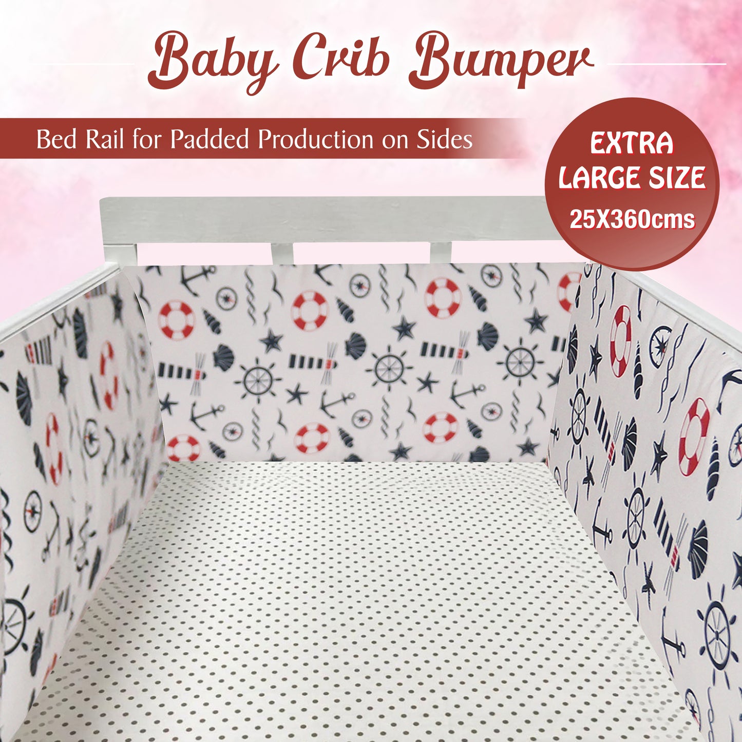 Baby Bed Bumper Sailor | Crib Bumper | Bed Rail for Padded Protection on Sides. Breathable & Hypoallergenic– 25 x 360 cms (11.8 Ft length)