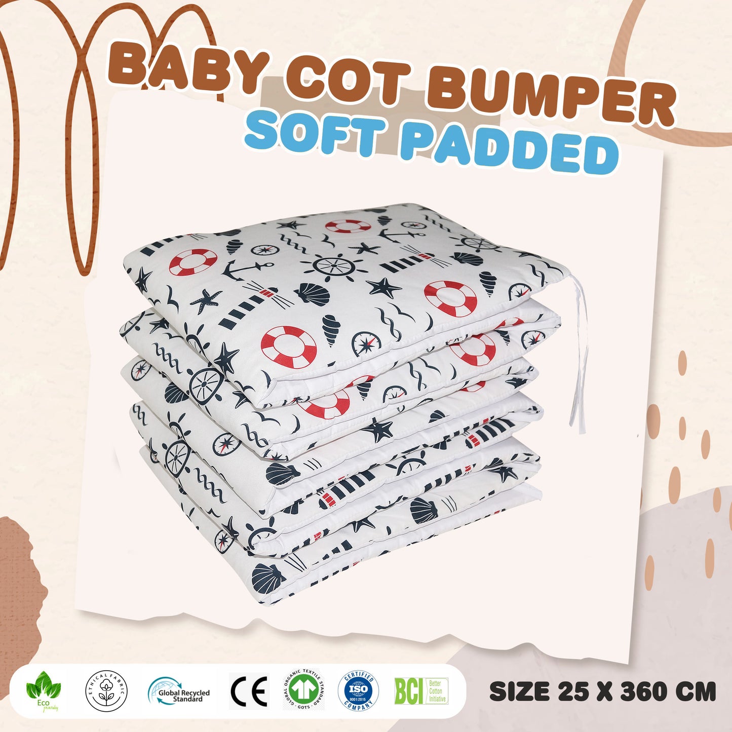 Baby Bed Bumper Sailor | Crib Bumper | Bed Rail for Padded Protection on Sides. Breathable & Hypoallergenic– 25 x 360 cms (11.8 Ft length)