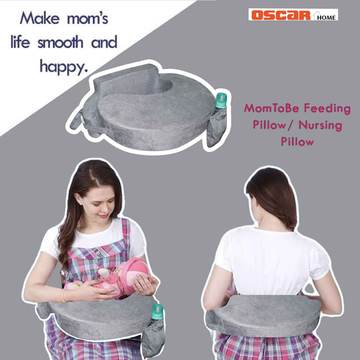 Oscar home Nursing Pillow for breastfeeding & bottle feeding, Enhanced posture support with double straps. Great for Breast feeding Moms. (Charcoal)