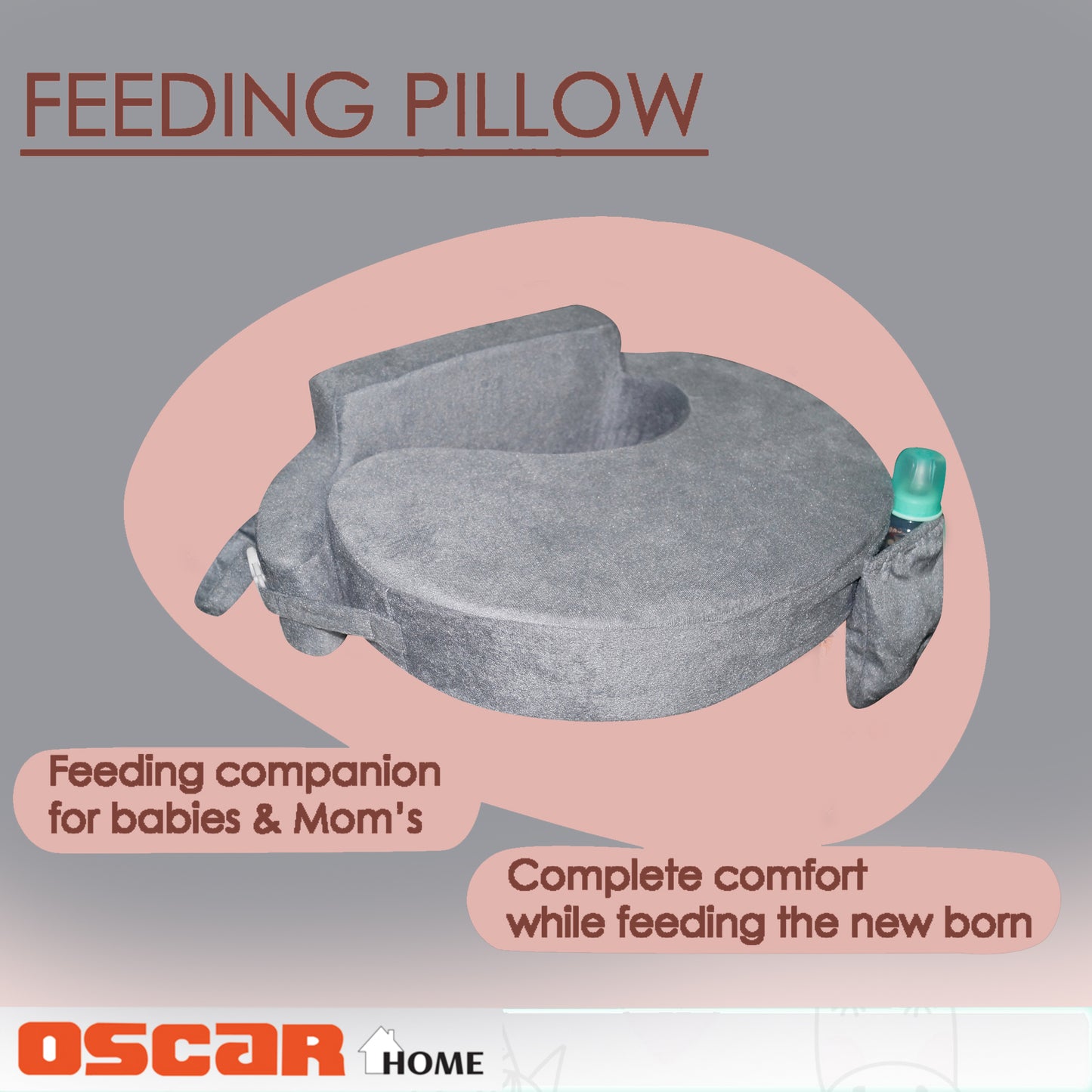 Oscar home Nursing Pillow for breastfeeding & bottle feeding, Enhanced posture support with double straps. Great for Breast feeding Moms. (Charcoal)