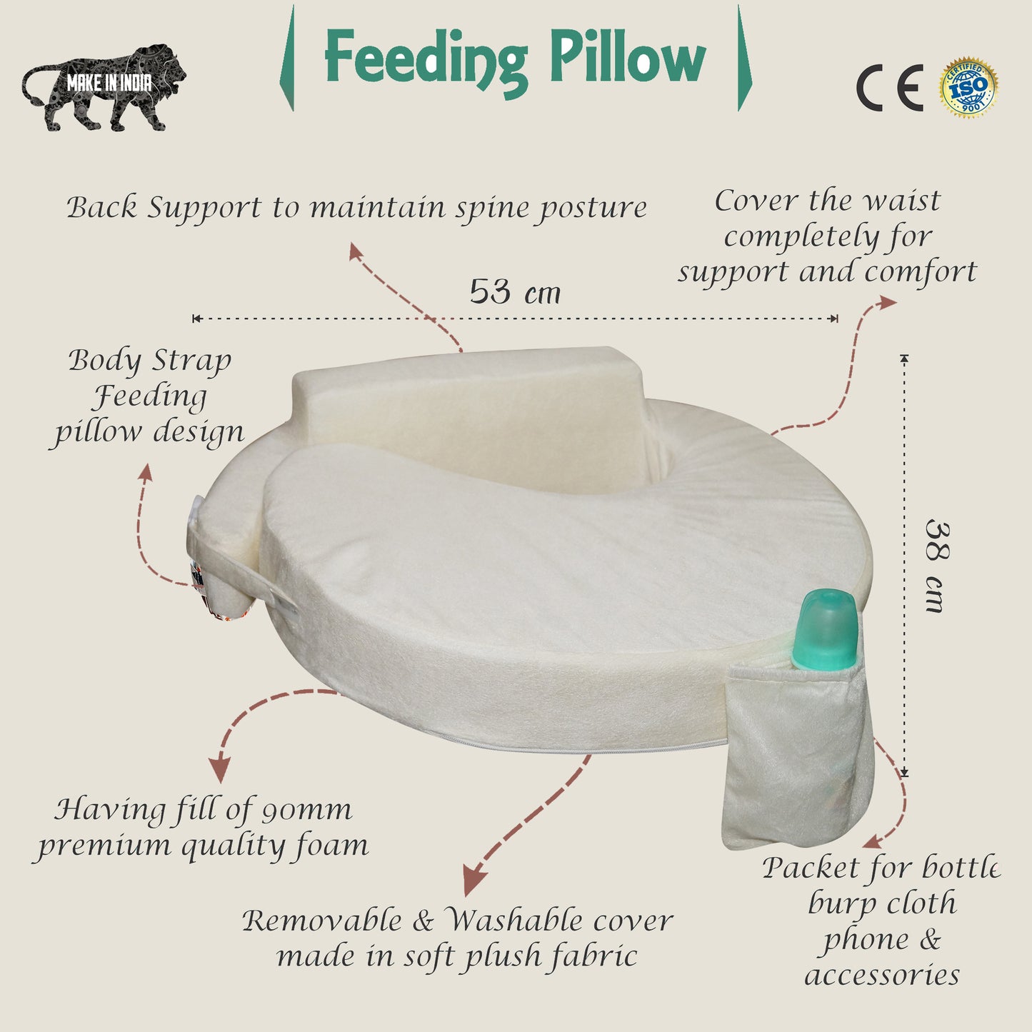 Oscar home Nursing Pillow for breastfeeding & bottle feeding, Enhanced posture support with double straps. Great for Breast feeding Moms. (Cream)