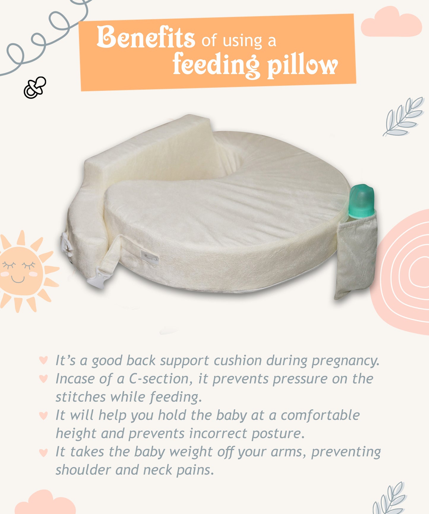 Oscar home Nursing Pillow for breastfeeding & bottle feeding, Enhanced posture support with double straps. Great for Breast feeding Moms. (Cream)