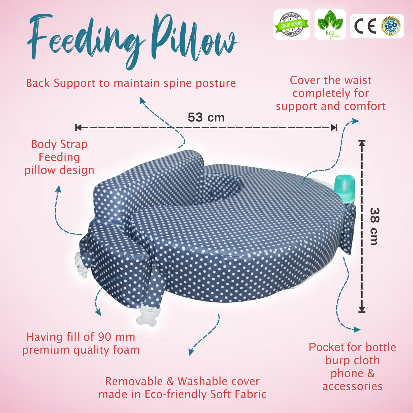 Nursing Pillow for Breastfeeding, Nursing and Posture Support with Pocket and Removable Slipcover - Grey Polka