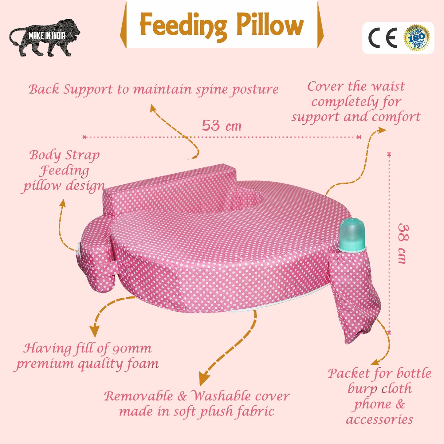 Nursing Pillow for Breastfeeding, Nursing and Posture Support with Pocket and Removable Slipcover - Pink Polka