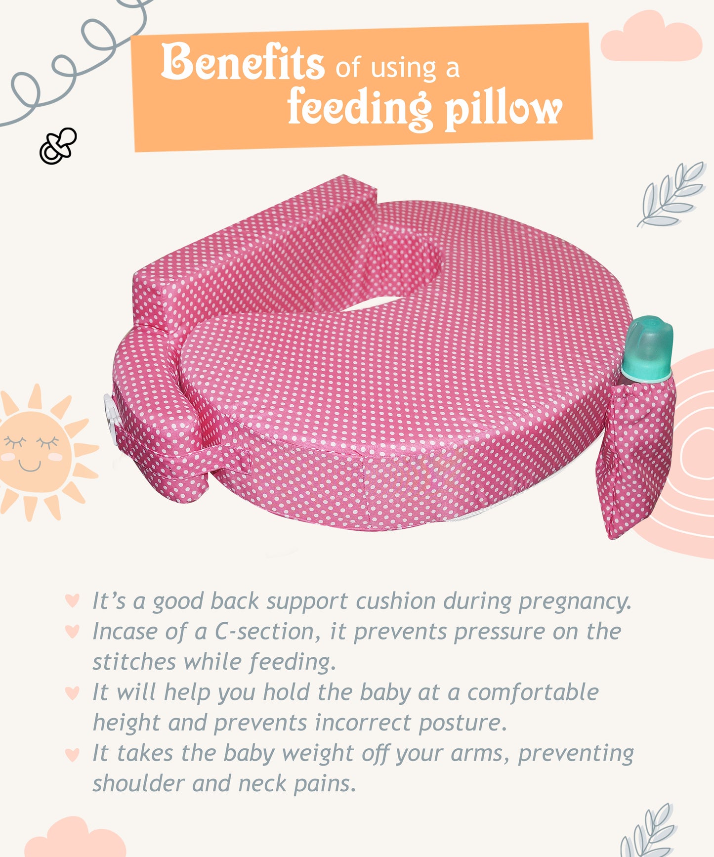 Nursing Pillow for Breastfeeding, Nursing and Posture Support with Pocket and Removable Slipcover - Pink Polka