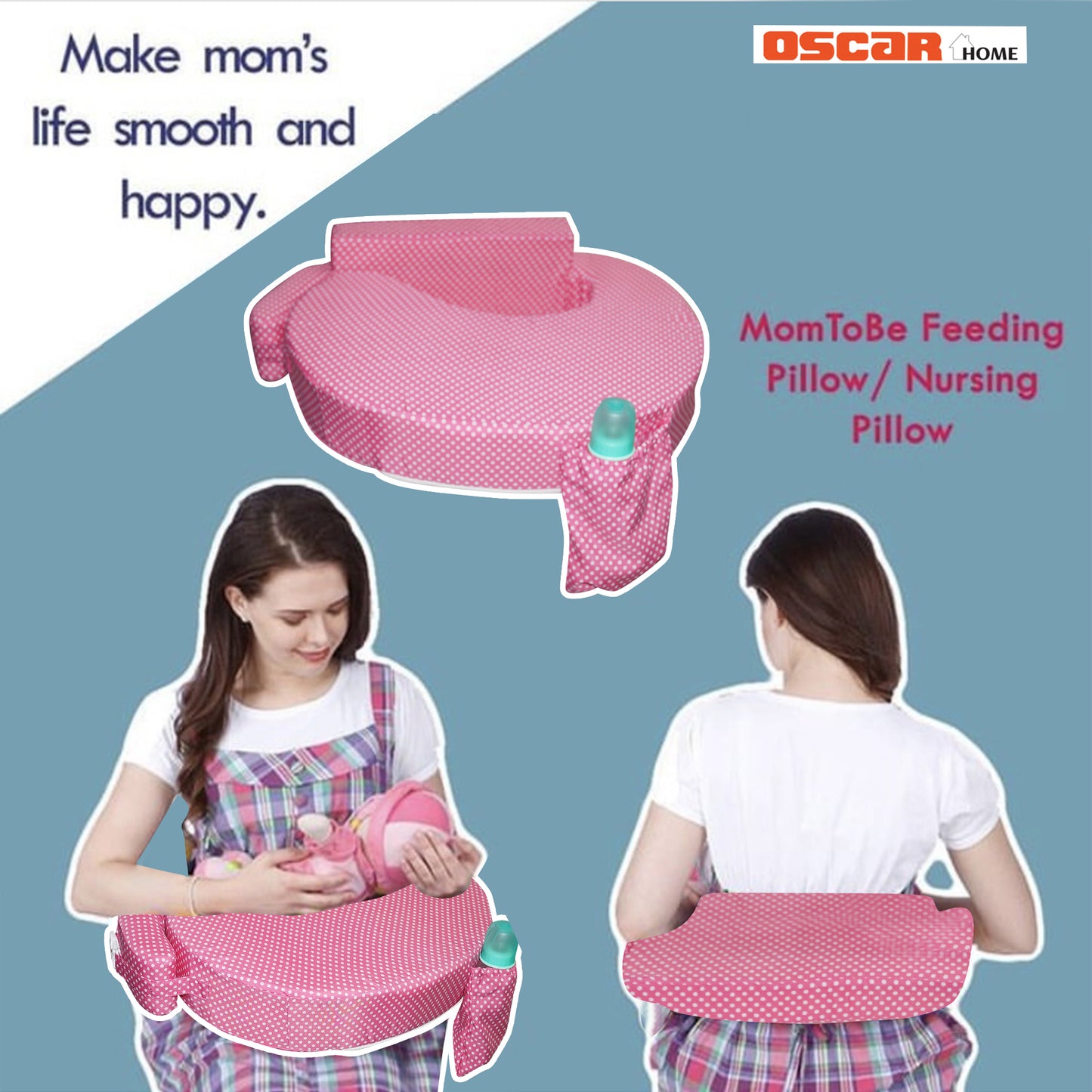 Nursing Pillow for Breastfeeding, Nursing and Posture Support with Pocket and Removable Slipcover - Pink Polka