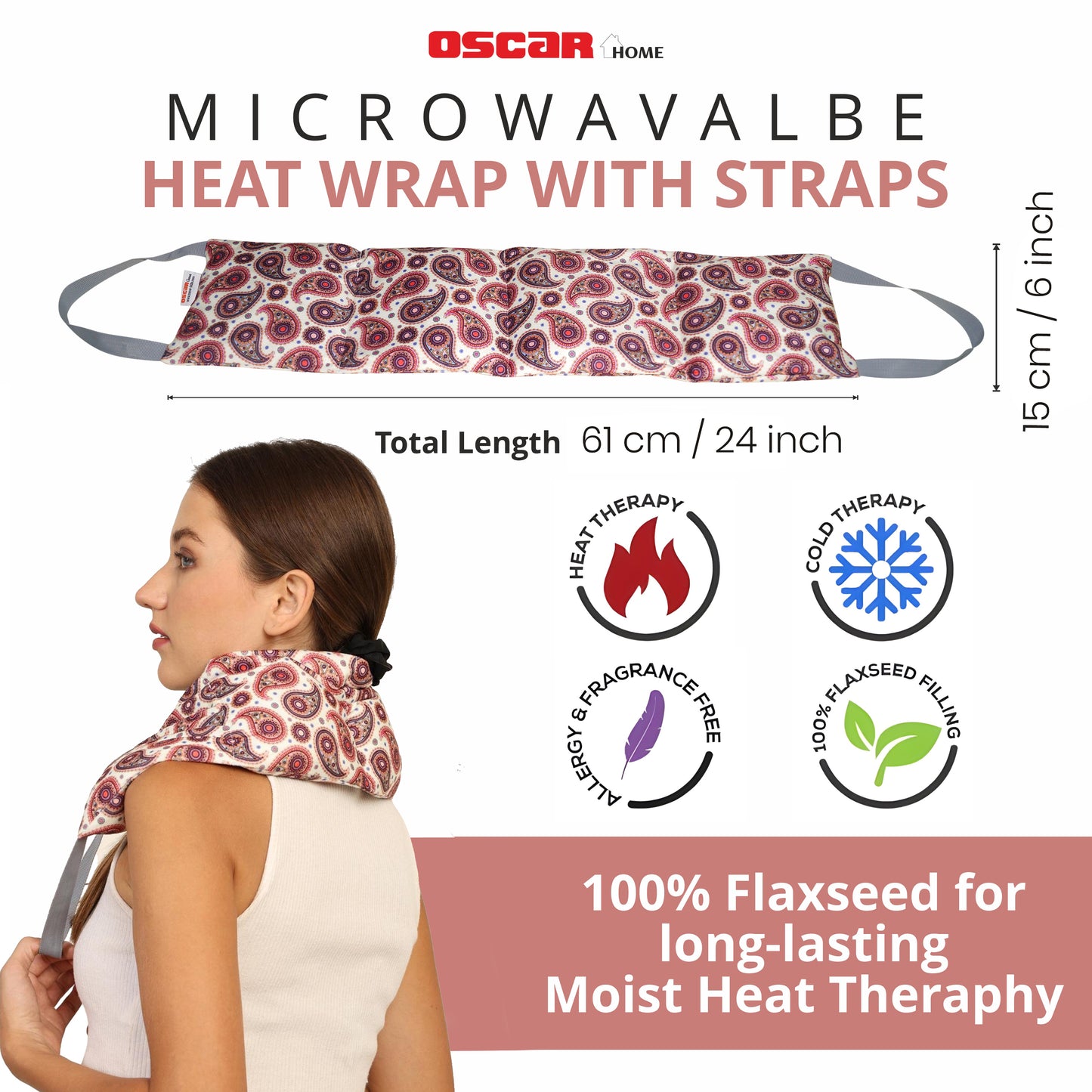 Oscar home Long Heating pad for Neck and Shoulders with straps 24”x5.1”Microwavable with washable cover Large Moist Heat Pack Warm hot Compress Neck wrap Weighted Bag Massage Reusable Herbal Nature Calming Portable. PAISLE