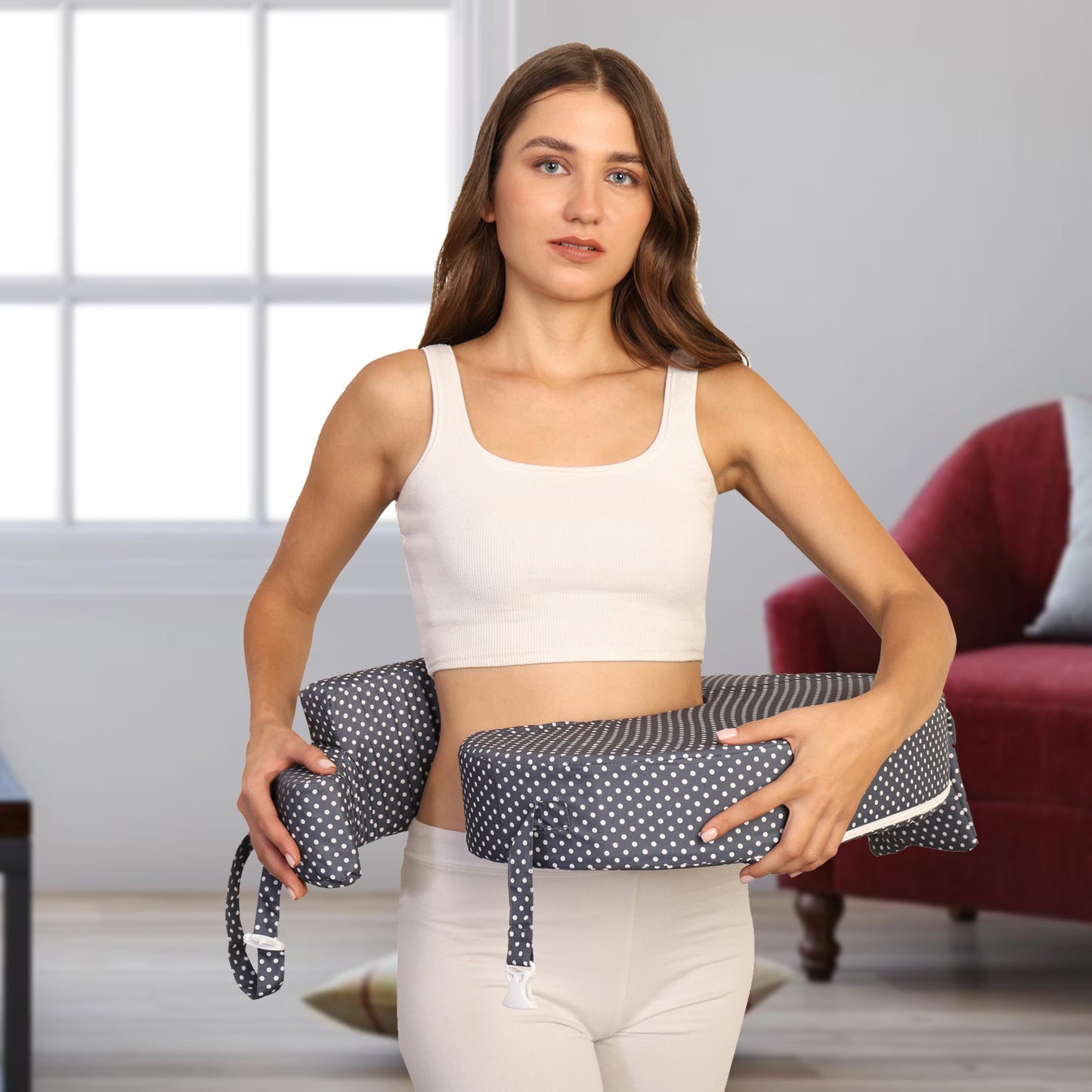 Nursing Pillow for Breastfeeding, Nursing and Posture Support with Pocket and Removable Slipcover - Grey Polka