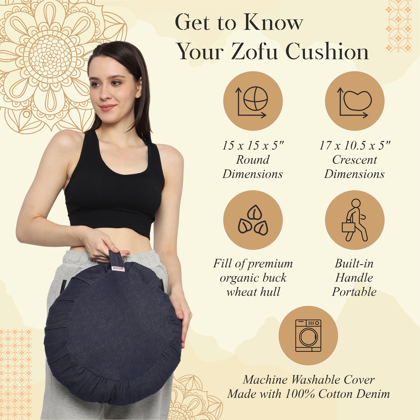 Oscar home Zafu Meditation Cushion – Round Yoga Pillow; having fill of premium quality organic buck wheat hull, Floor seat, Zippered Cotton Cover, Kneeling Pillow – Made in Cotton Denim Fabric.