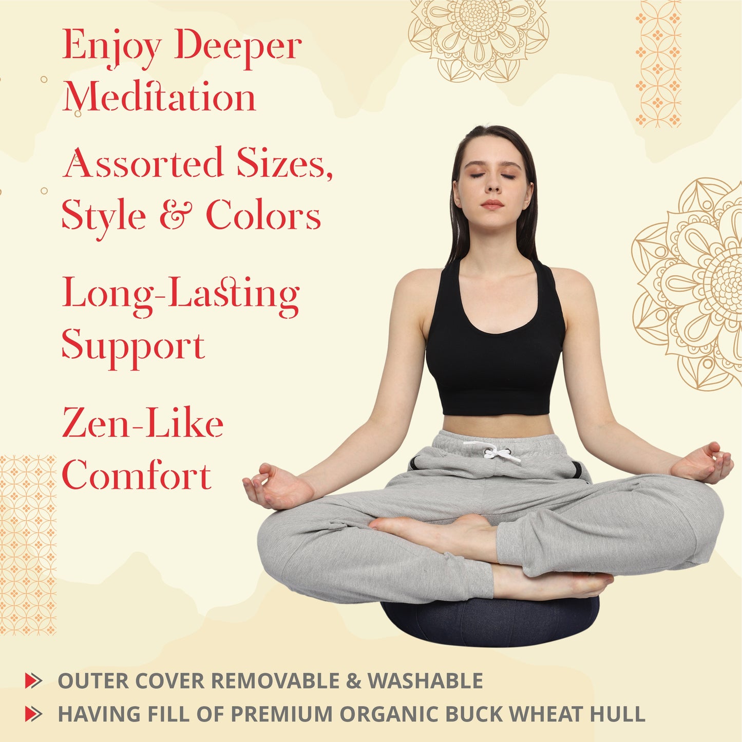 Oscar home Zafu Meditation Cushion – Round Yoga Pillow; having fill of premium quality organic buck wheat hull, Floor seat, Zippered Cotton Cover, Kneeling Pillow – Made in Cotton Denim Fabric.