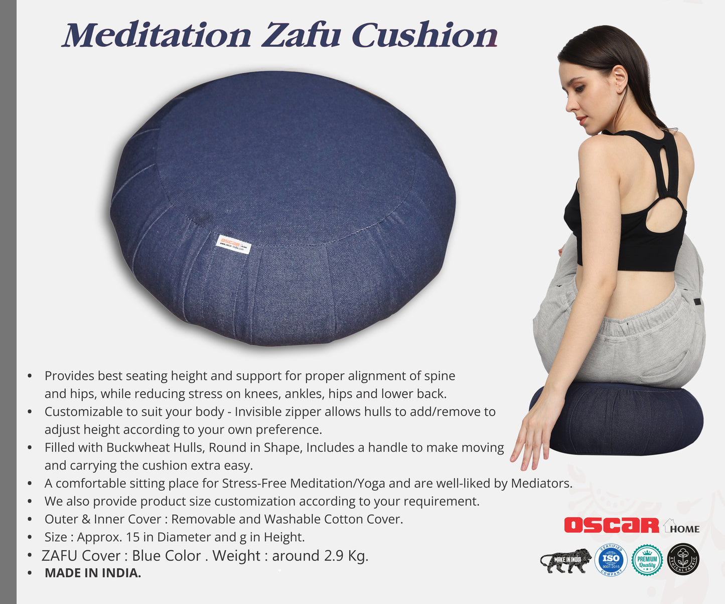 Oscar home Zafu Meditation Cushion – Round Yoga Pillow; having fill of premium quality organic buck wheat hull, Floor seat, Zippered Cotton Cover, Kneeling Pillow – Made in Cotton Denim Fabric.