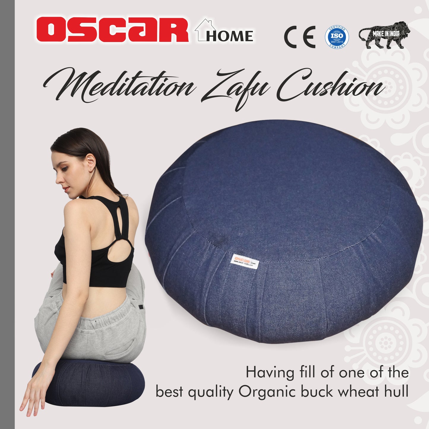 Oscar home Zafu Meditation Cushion – Round Yoga Pillow; having fill of premium quality organic buck wheat hull, Floor seat, Zippered Cotton Cover, Kneeling Pillow – Made in Cotton Denim Fabric.